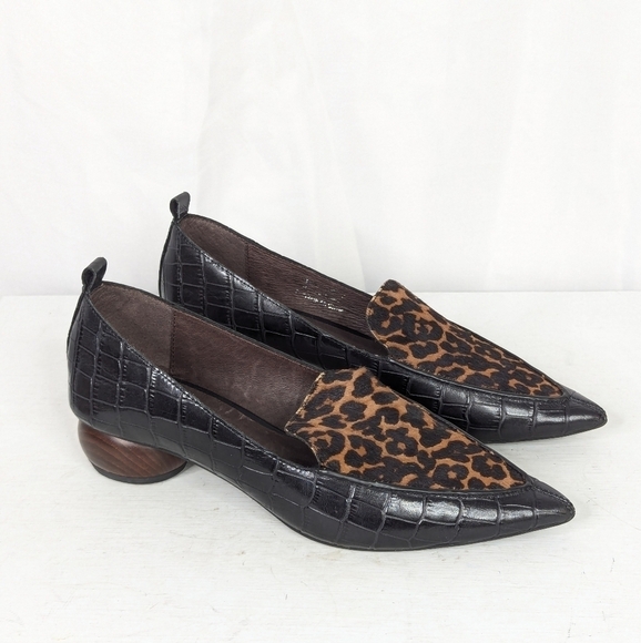 Jeffrey Campbell Viona Leopard Print Croc Wood Heel Pointed Loafers - Picture 1 of 8